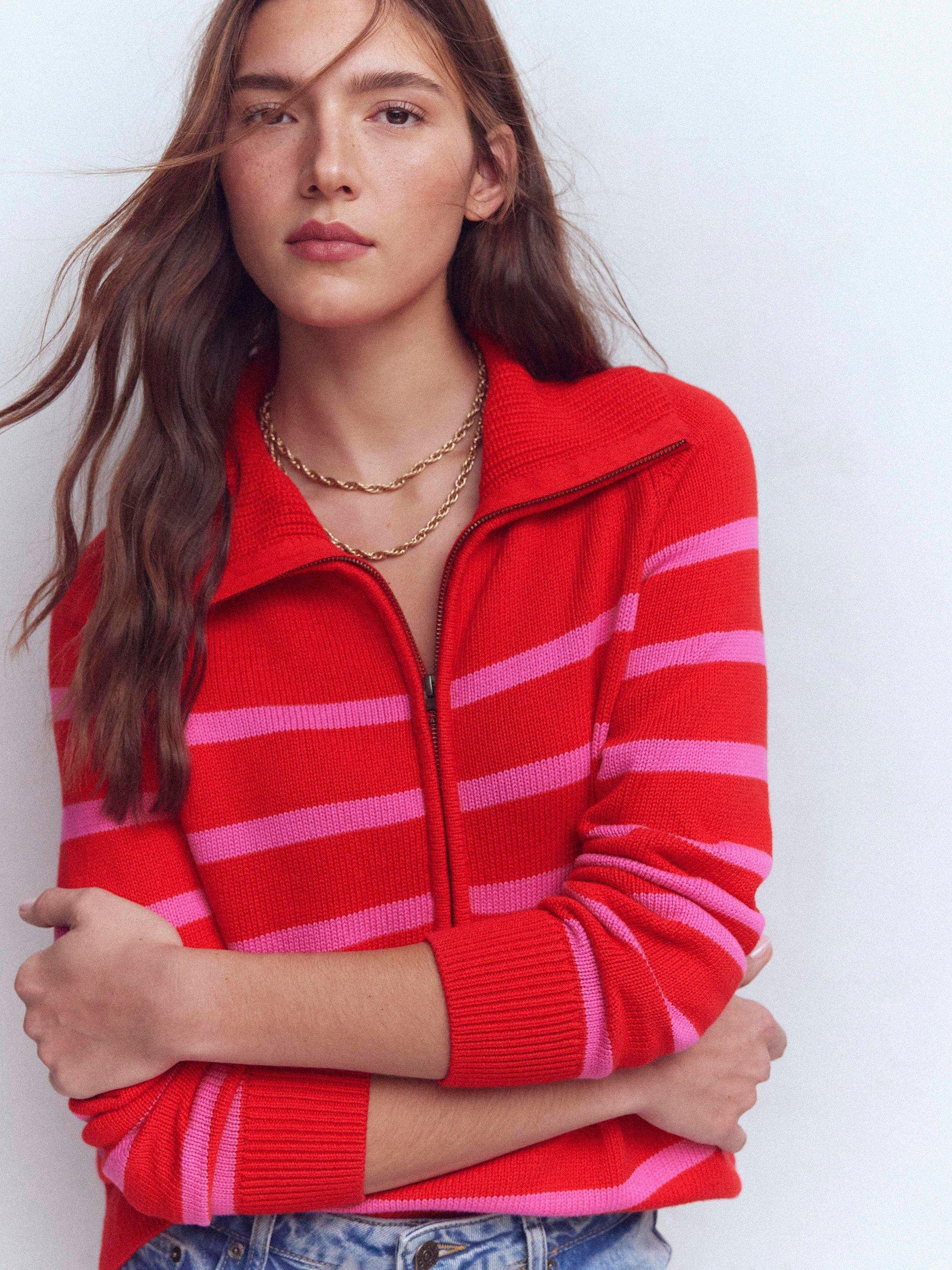 Product image 4 of 6, which shows Boden Lucy Stripe Half-Zip Jumper, Pink/Red, XS