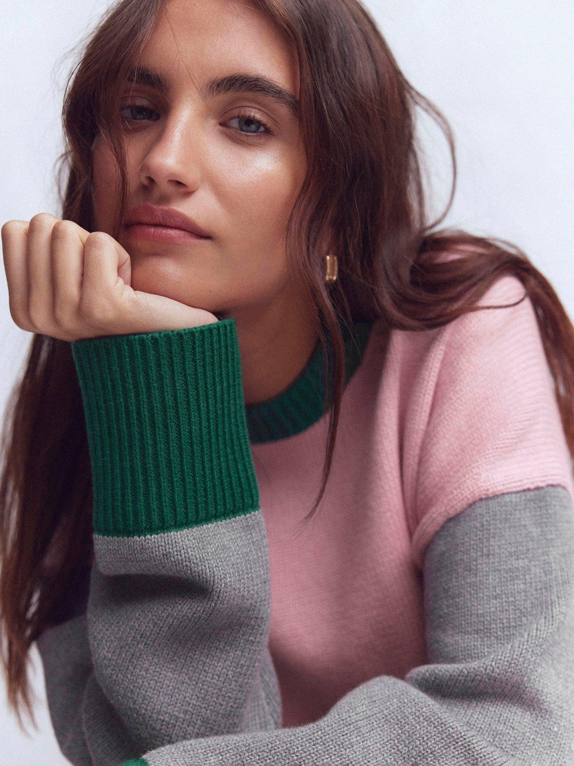 Product image 2 of 6, which shows Boden Lucy Colour Block Crew Neck Jumper, Pink/Multi, XS