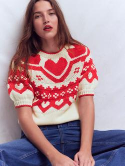 Boden Margot Heart Puff Sleeve Jumper, Warm Ivory/Red, Warm Ivory/Red