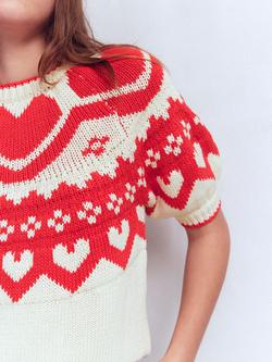 Boden Margot Heart Puff Sleeve Jumper, Warm Ivory/Red - view 2, Warm Ivory/Red