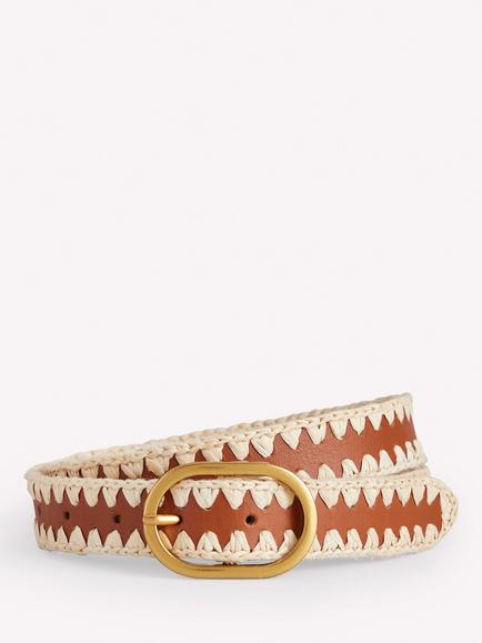 Boden Woven Pure Leather Whipstitch Belt, Tan, Tan