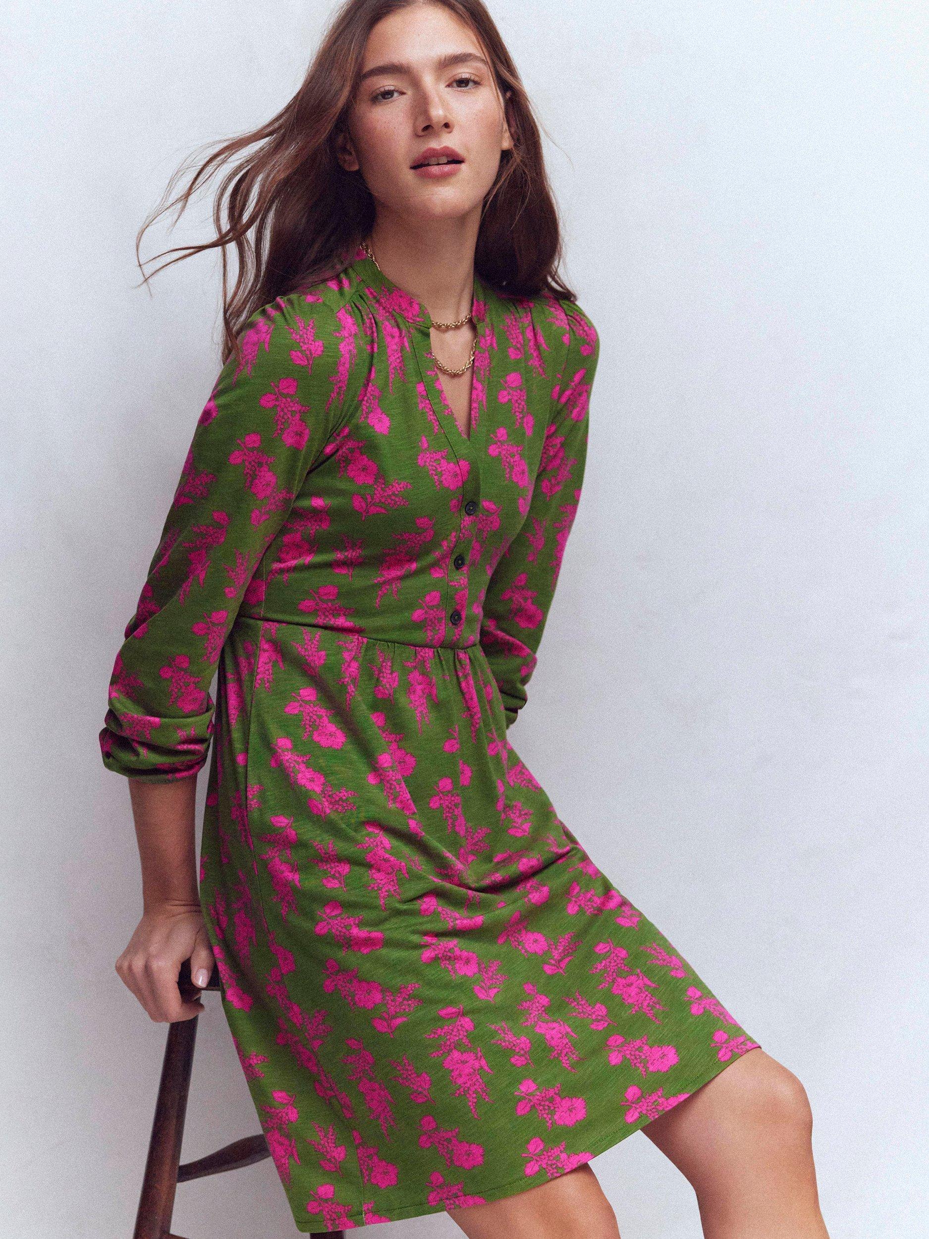 Boden Amy Floral Jersey Dress, Pink/Green