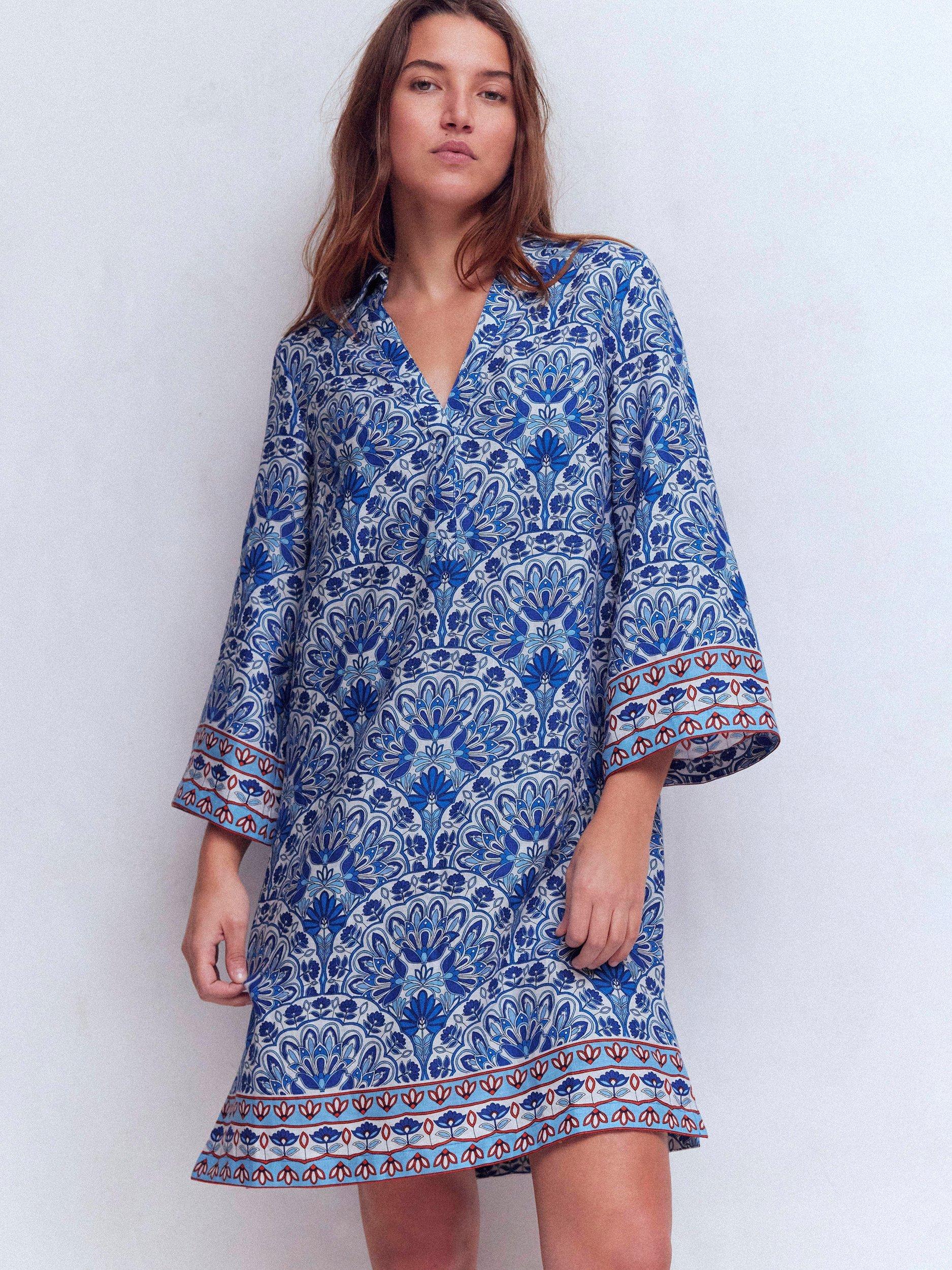 Boden Carmen Floral Pure Linen Dress, Blue