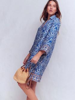 Boden Carmen Floral Pure Linen Dress, Blue - view 2, Blue