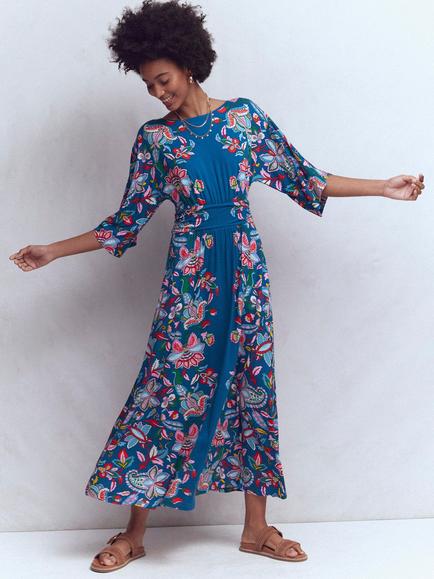 Boden Imelda Floral Kimono Jersey Dress, Blue/Multi, Blue/Multi