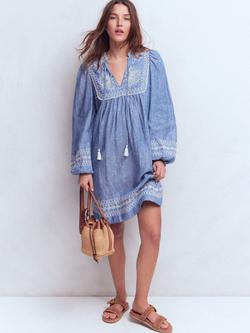 Boden Pia Embroidered Yoke Pure Linen Dress, Blue, Blue