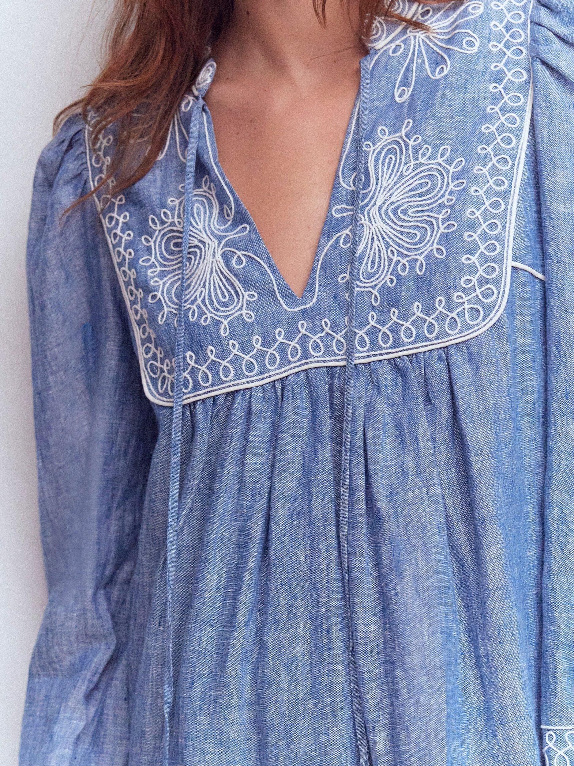 Boden Pia Embroidered Yoke Pure Linen Dress, Blue