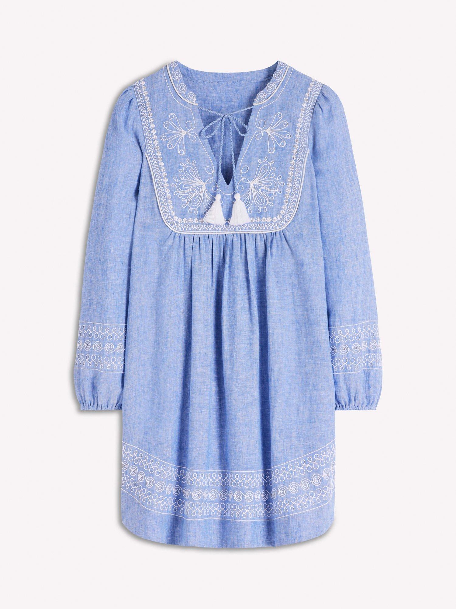 Boden Pia Embroidered Yoke Pure Linen Dress, Blue
