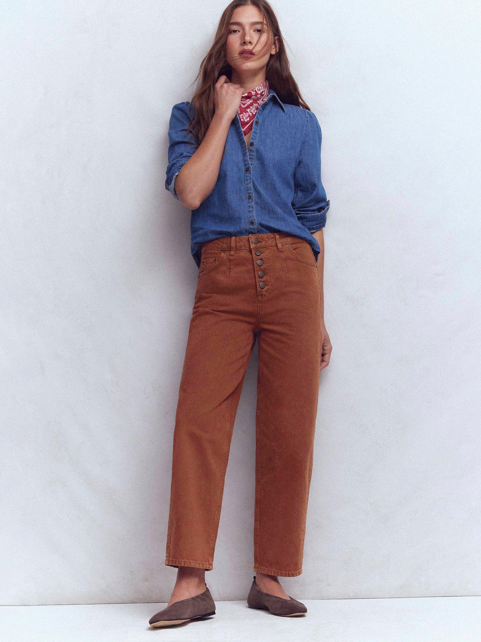 Product image 1 of 6, which shows Boden Exposed Button Straight Jeans, Brown, 27R