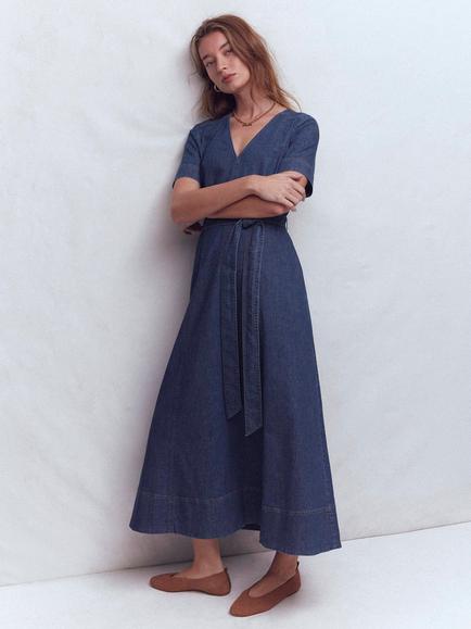Boden V-Neck Denim Midi Dress, Blue, Blue