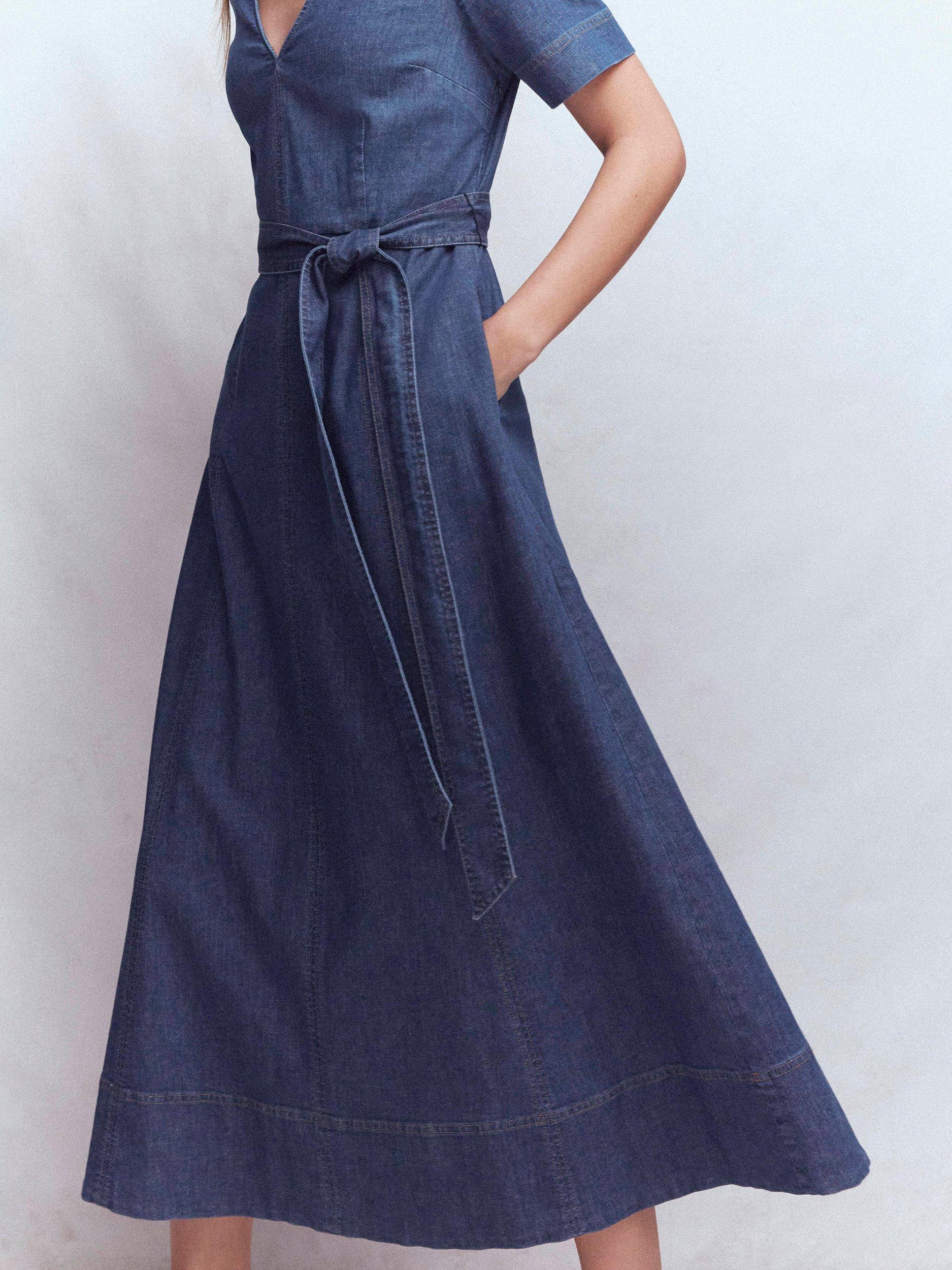 Boden V-Neck Denim Midi Dress, Blue