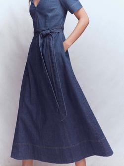 Boden V-Neck Denim Midi Dress, Blue - view 2, Blue