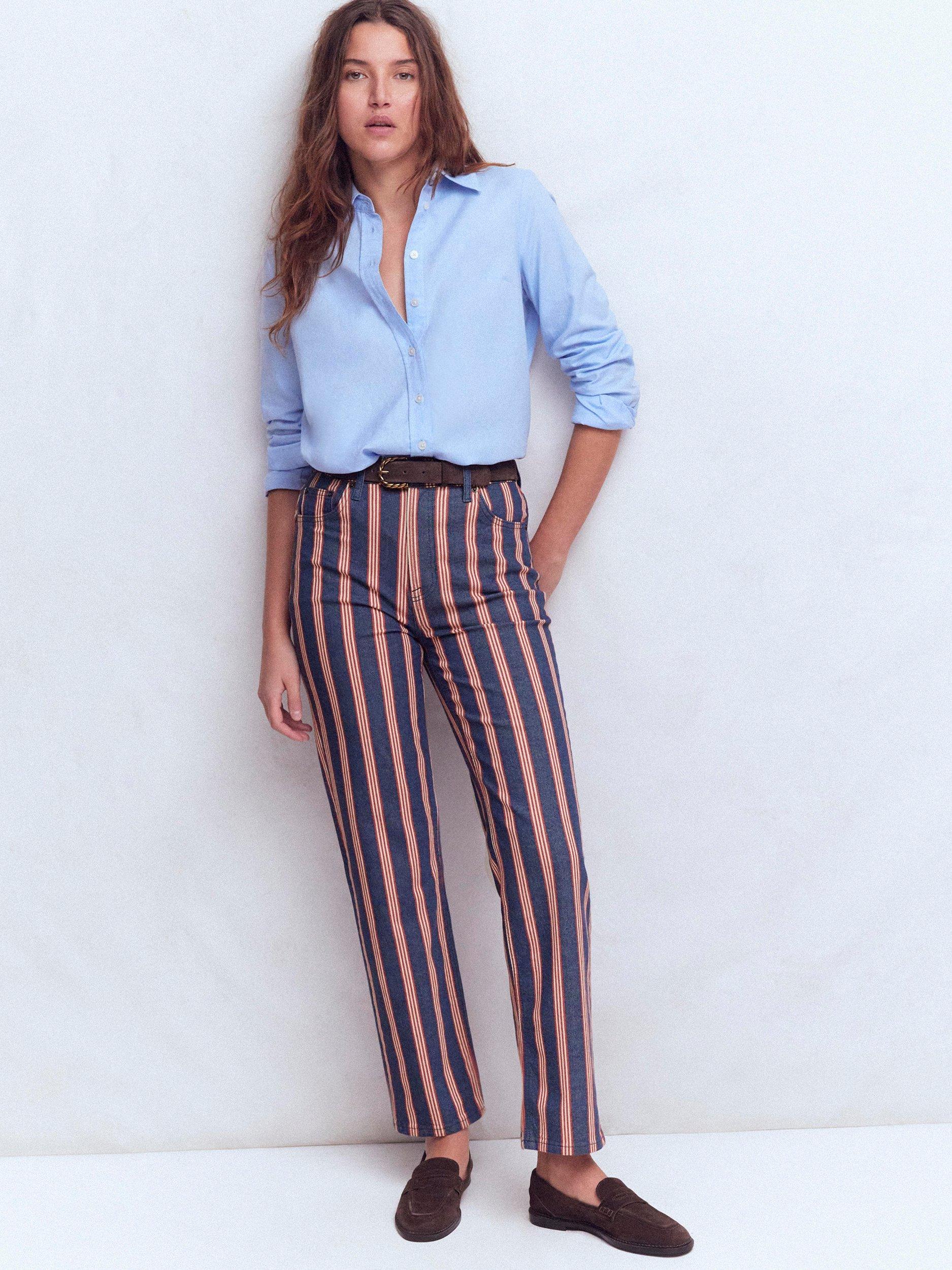 Product image 1 of 6, which shows Boden Stripe High Rise Straight Jeans, Navy/Red, 27R