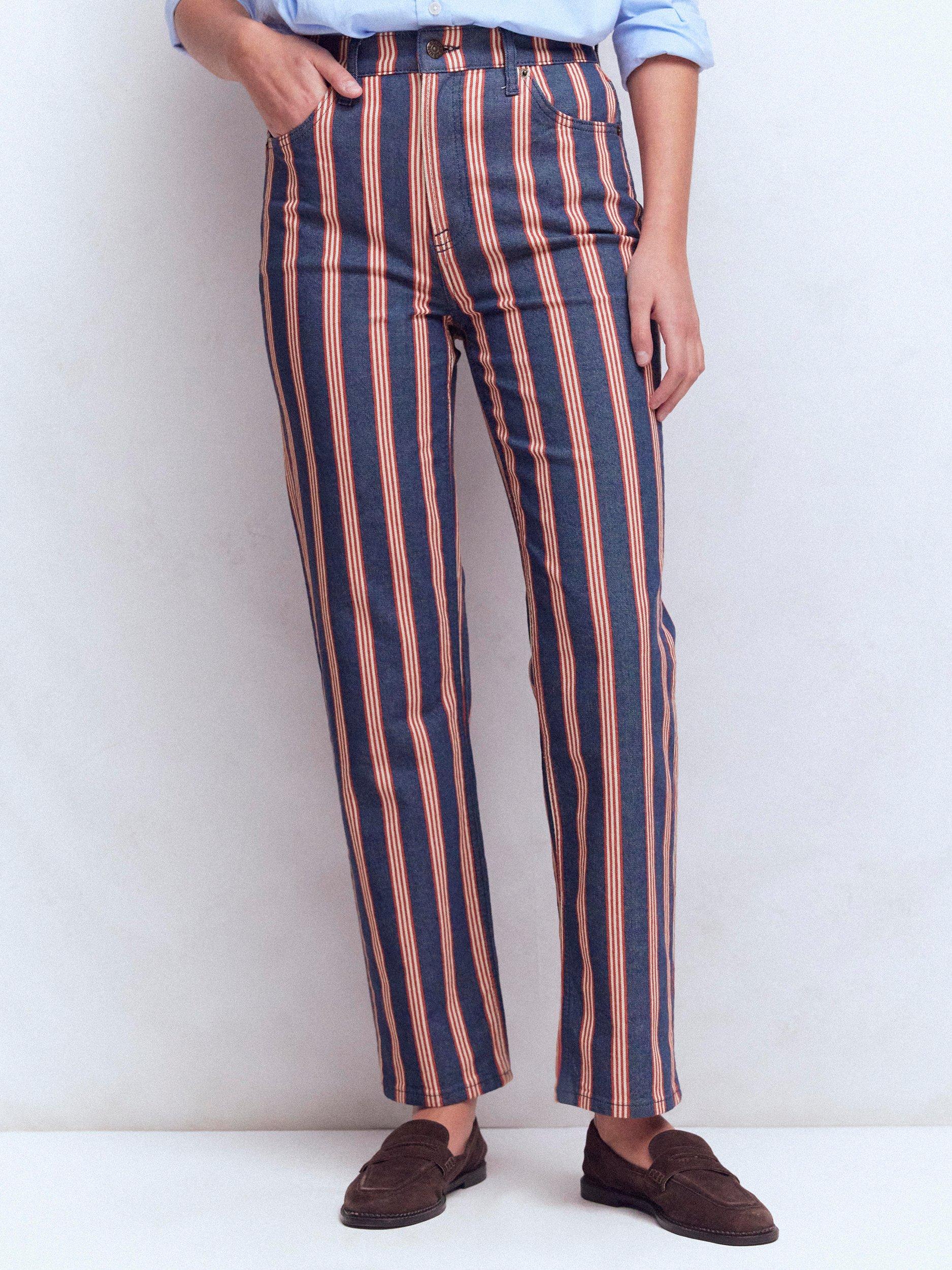 Product image 4 of 6, which shows Boden Stripe High Rise Straight Jeans, Navy/Red, 27R