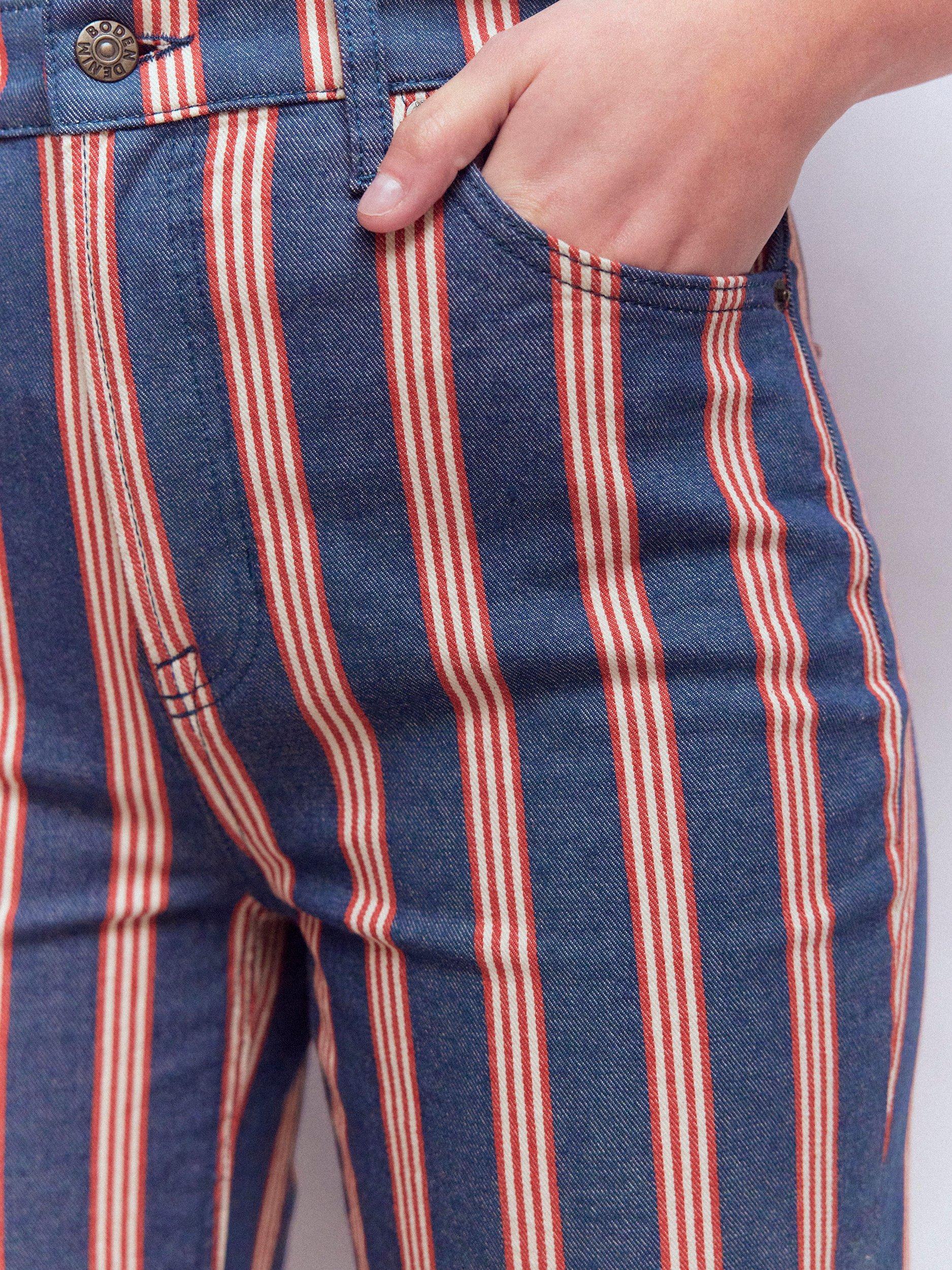 Product image 5 of 6, which shows Boden Stripe High Rise Straight Jeans, Navy/Red, 27R