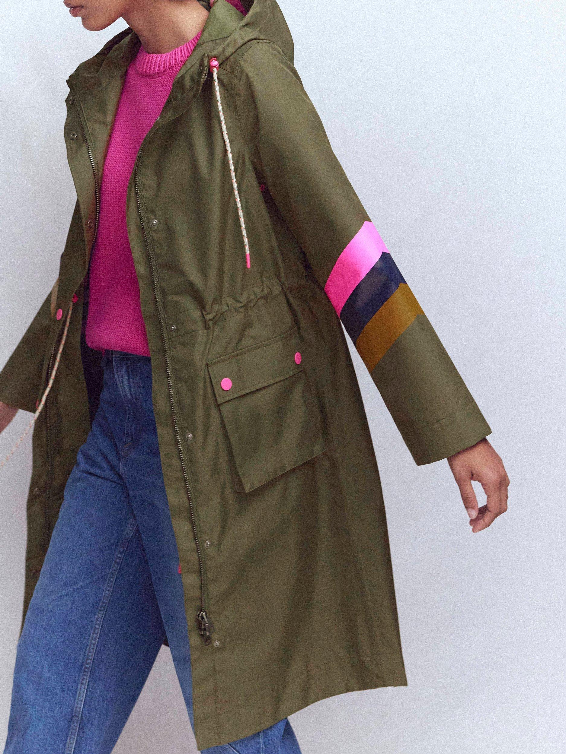 Product image 6 of 7, which shows Boden Stripe Sleeve Longline Parka, Green, 8