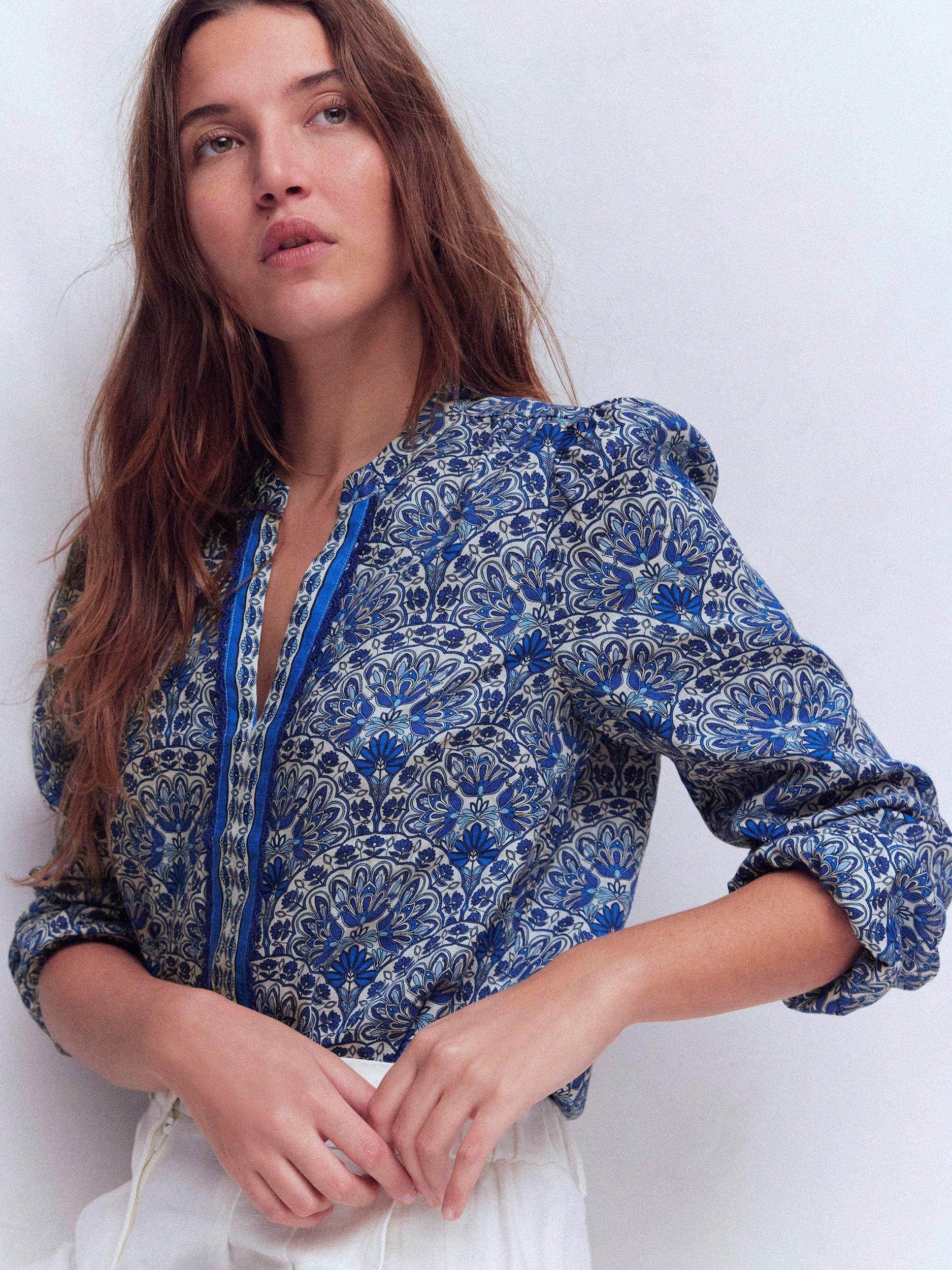 Product image 1 of 5, which shows Boden Floral Notch Neck Pure Linen Top, Blue, 8