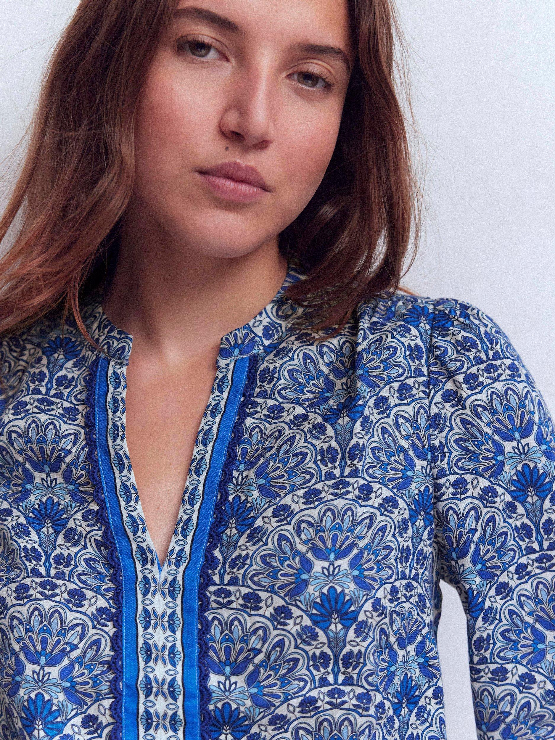 Product image 2 of 5, which shows Boden Floral Notch Neck Pure Linen Top, Blue, 8