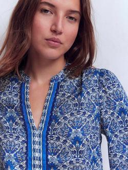 Boden Floral Notch Neck Pure Linen Top, Blue - view 2, Blue