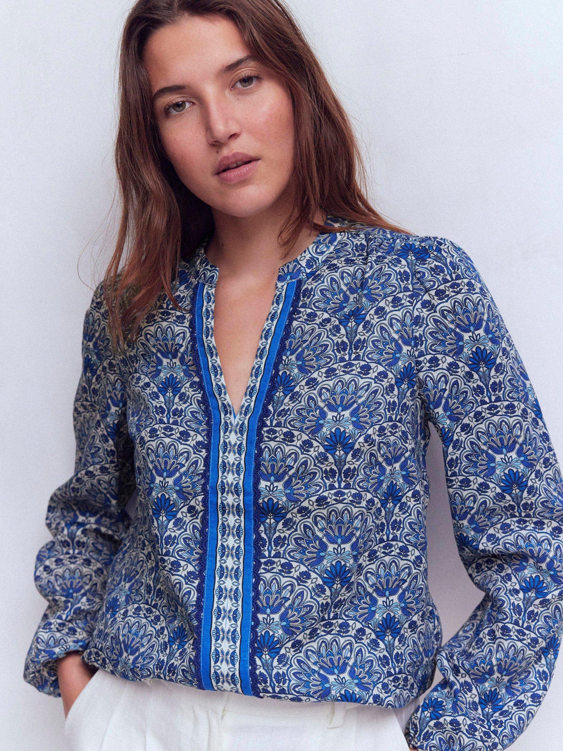 Product image 4 of 5, which shows Boden Floral Notch Neck Pure Linen Top, Blue, 8