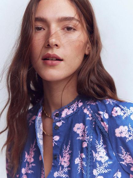 Boden Rhea Floral Trim Detail Shirt, Blue - view 2, Blue