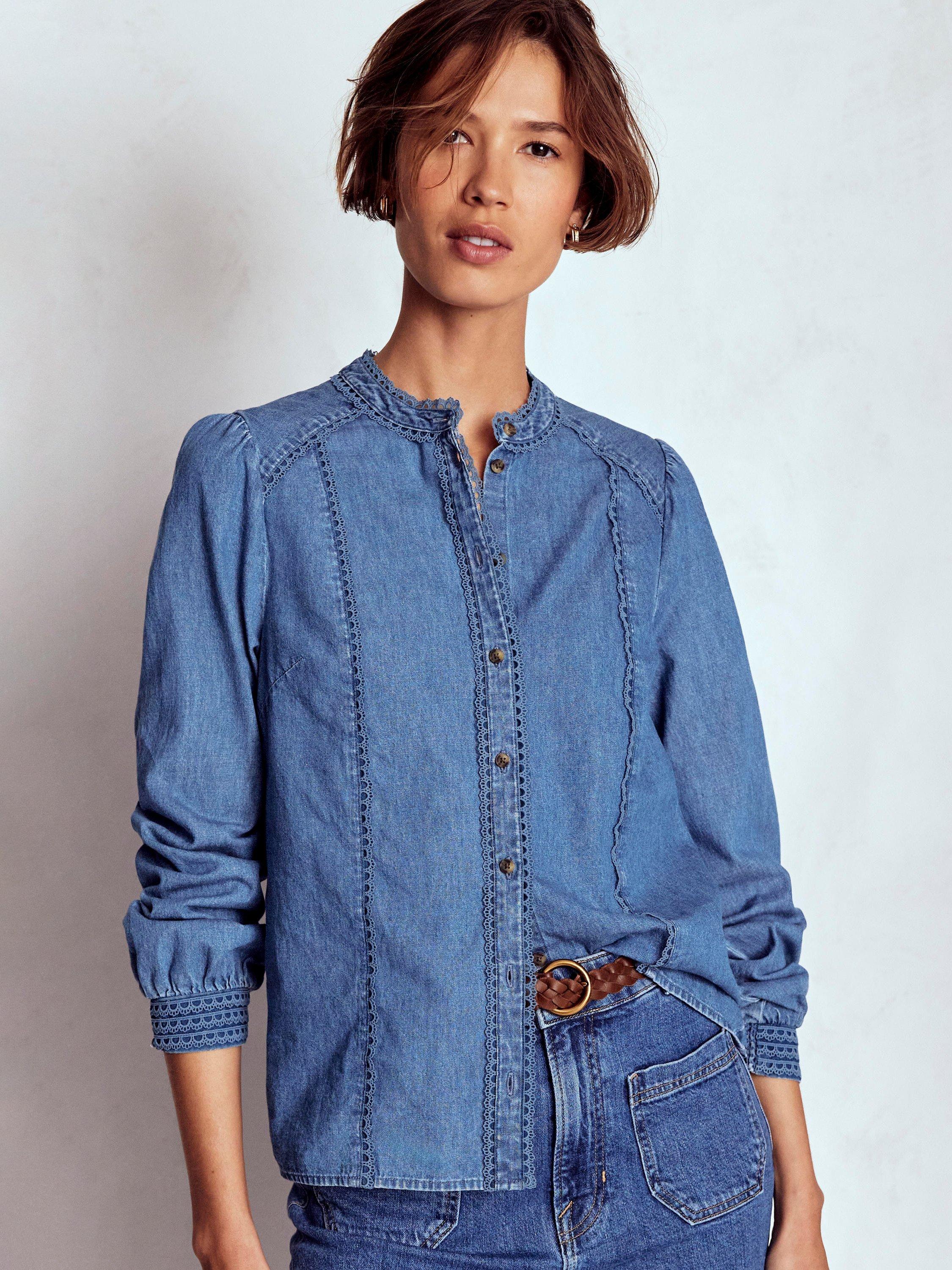 Product image 1 of 6, which shows Boden Rhea Trim Insert Denim Top, Light Vintage Blue, 8