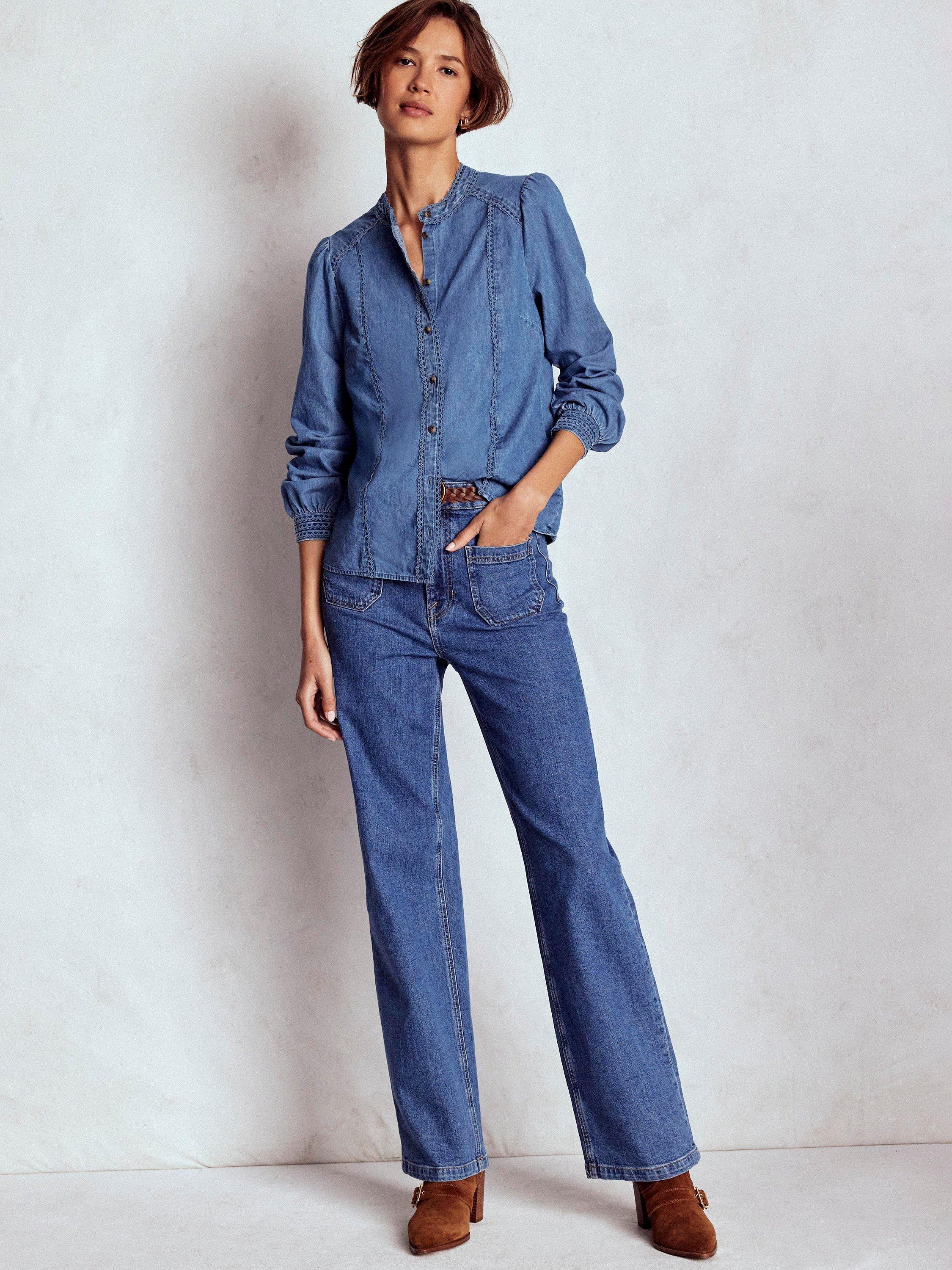 Product image 4 of 6, which shows Boden Rhea Trim Insert Denim Top, Light Vintage Blue, 8