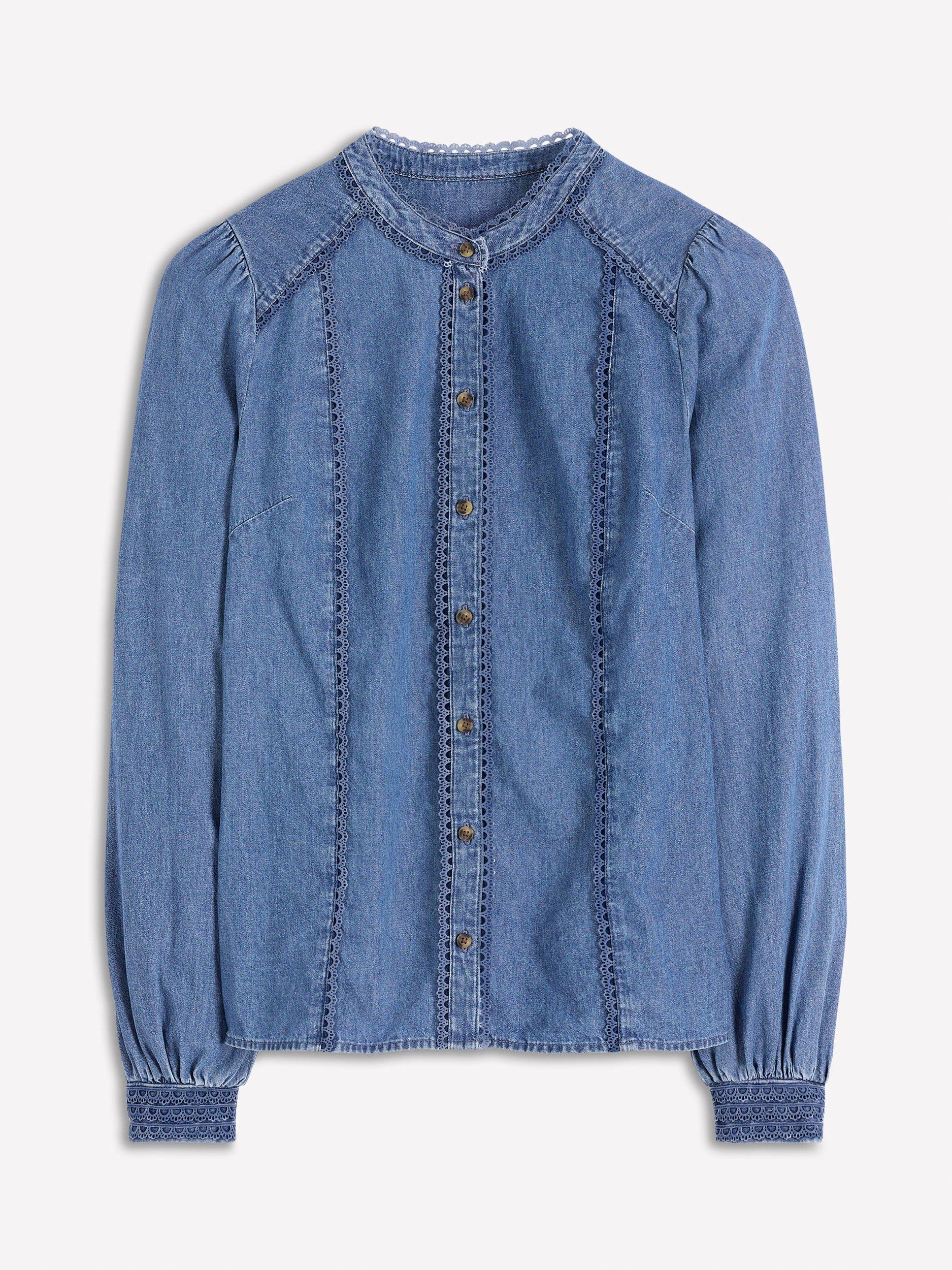 Product image 6 of 6, which shows Boden Rhea Trim Insert Denim Top, Light Vintage Blue, 8