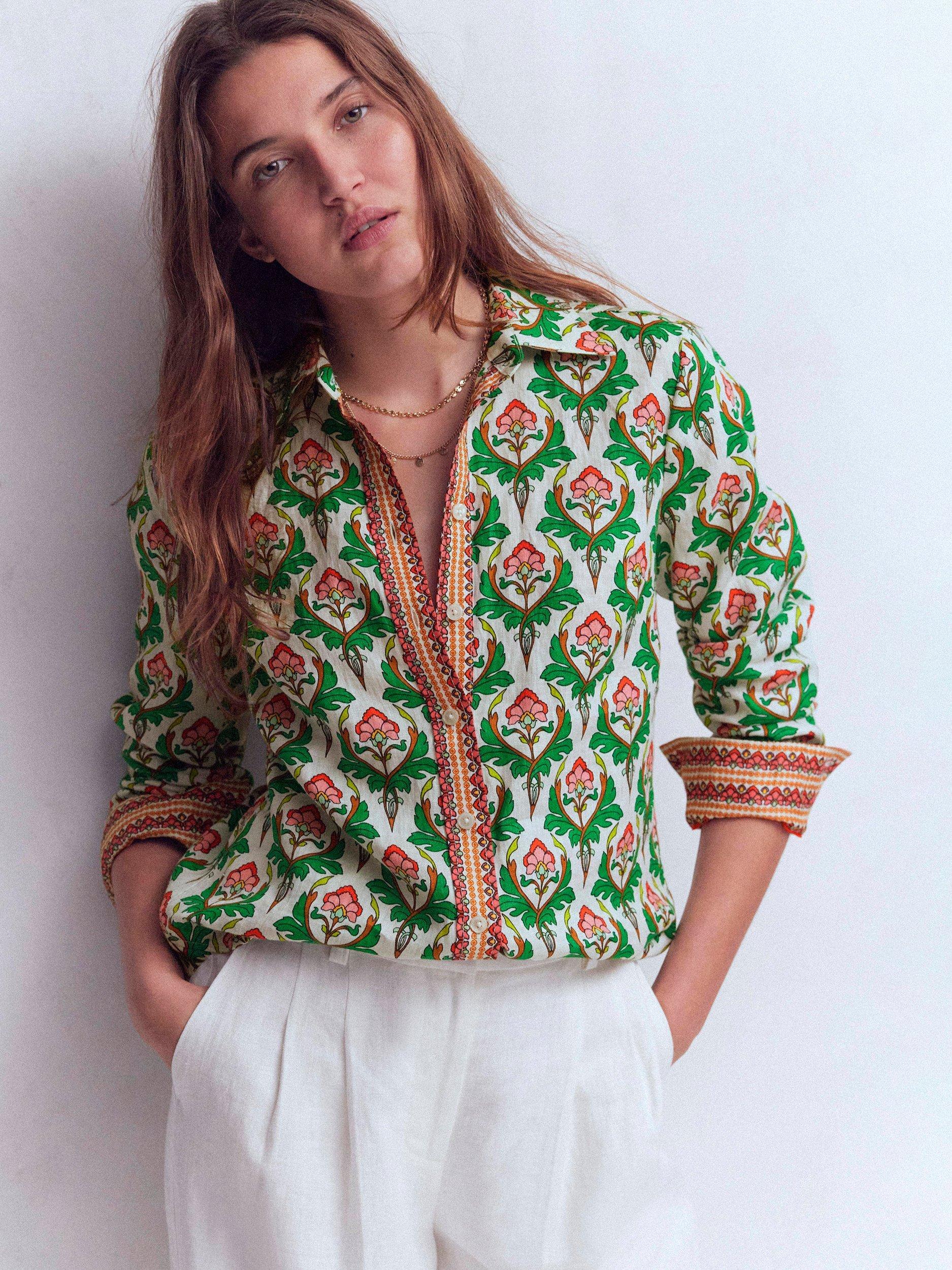 Product image 1 of 5, which shows Boden Sienna Geometric Pure Linen Shirt, Multi, 8