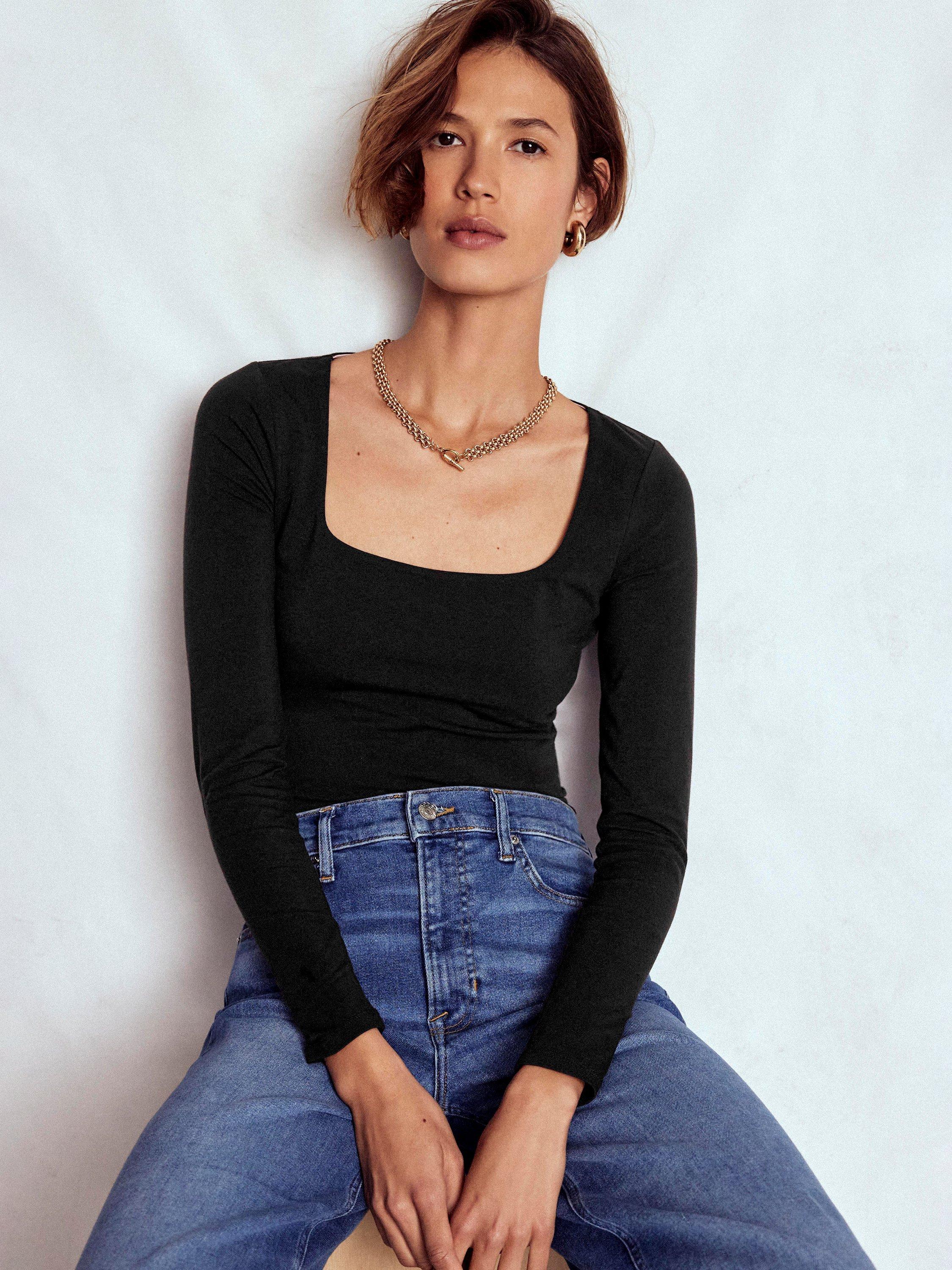 Product image 1 of 6, which shows Boden Double Layer Square Neck Top, Black, 8