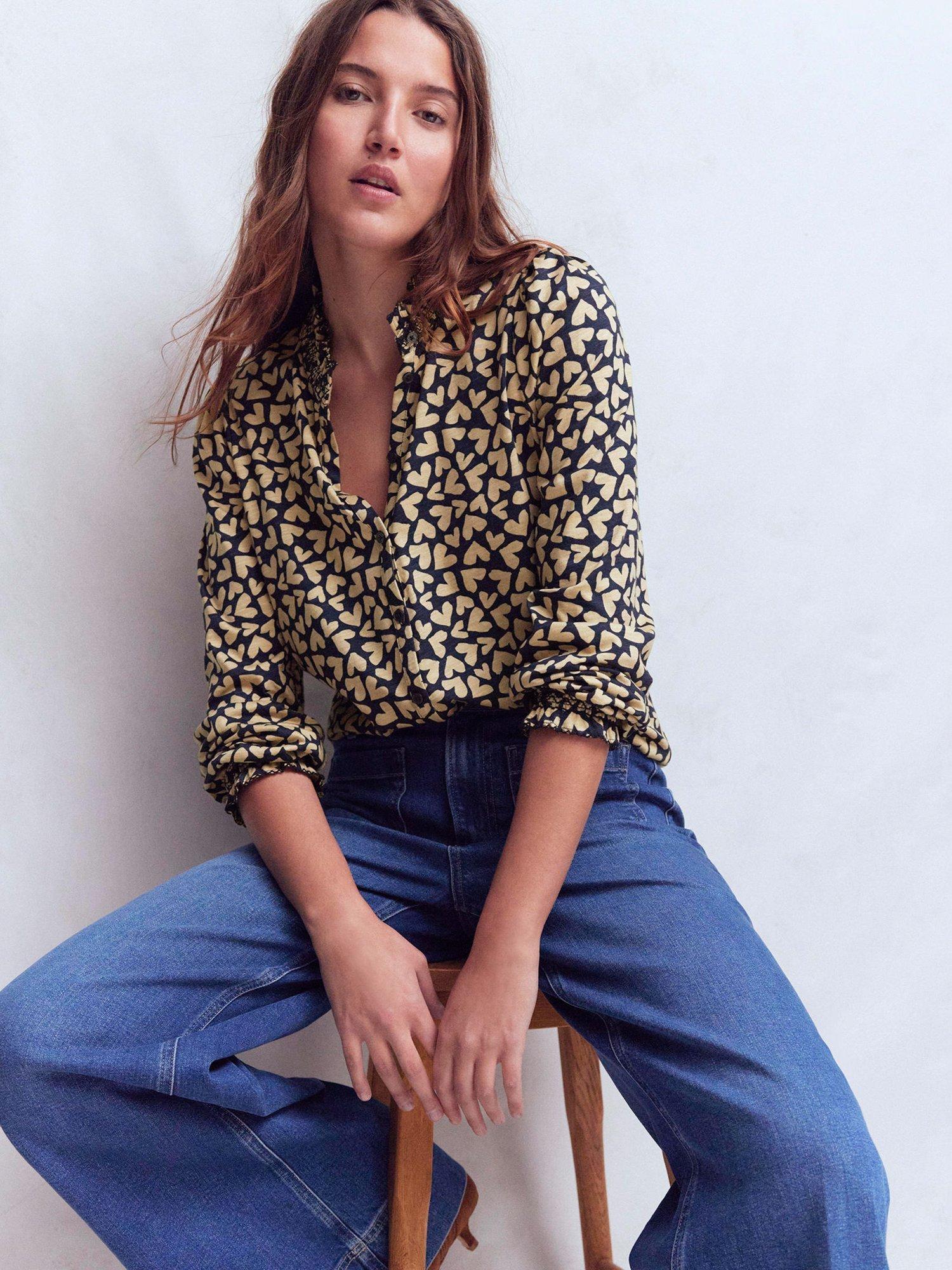 Product image 2 of 6, which shows Boden Effie Heart Print Smocked Top, Navy/Multi, 8