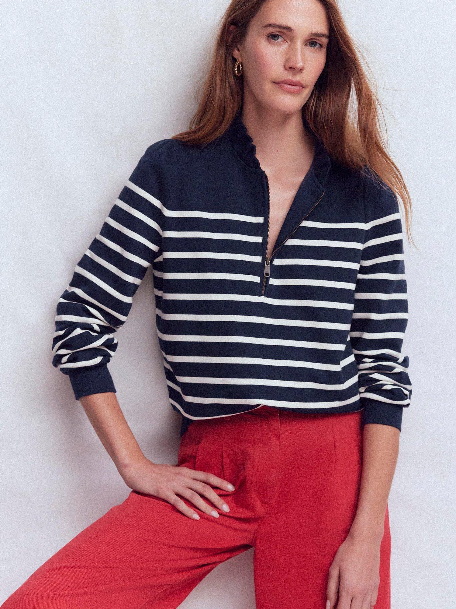Product image 1 of 5, which shows Boden Stripe Half-Zip Frill Sweatshirt, Navy/Ivory, XS