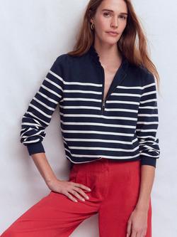 Boden Stripe Half-Zip Frill Sweatshirt, Navy/Ivory, Navy/Ivory