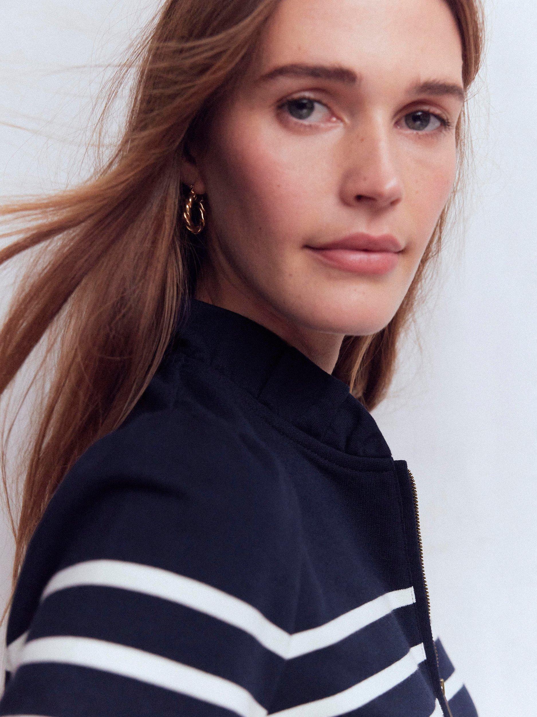 Product image 2 of 5, which shows Boden Stripe Half-Zip Frill Sweatshirt, Navy/Ivory, XS