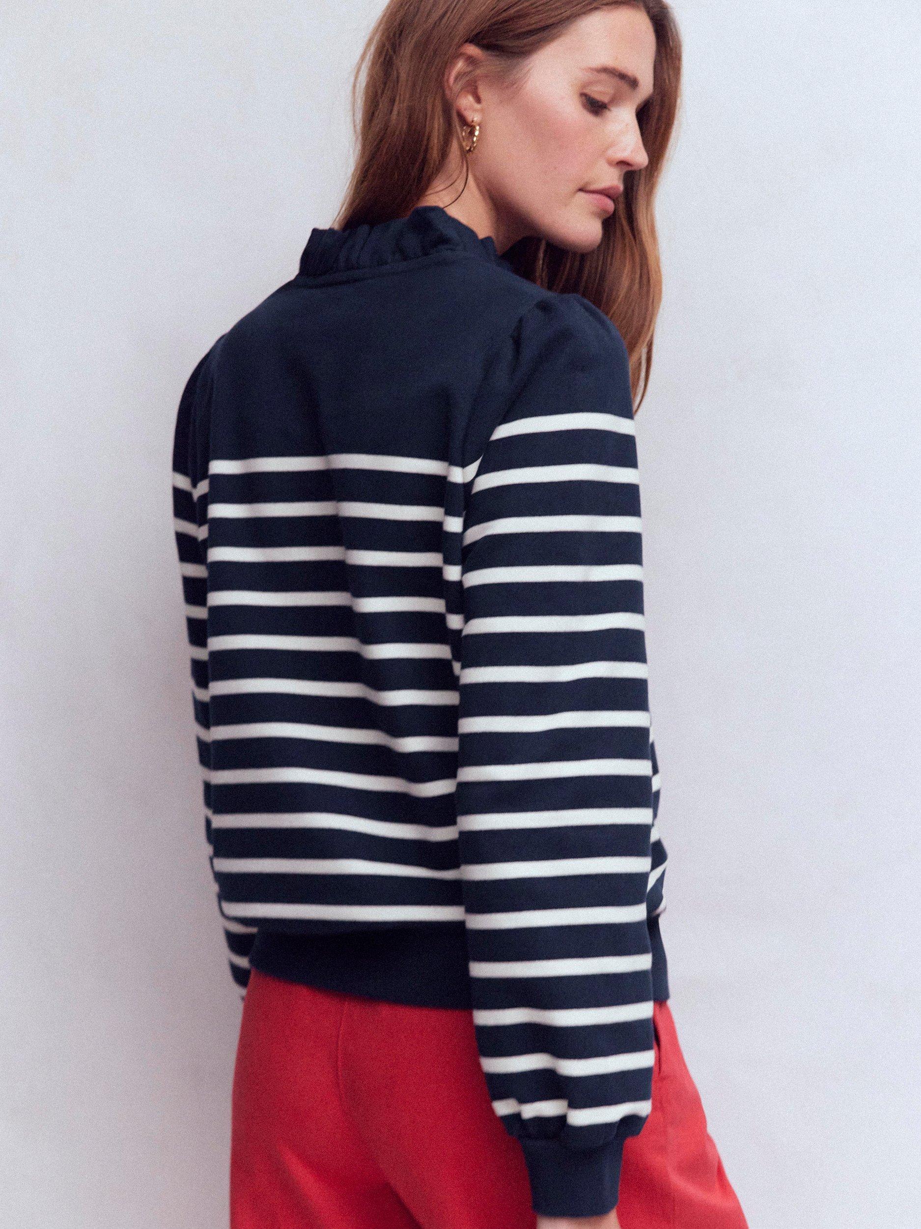 Product image 3 of 5, which shows Boden Stripe Half-Zip Frill Sweatshirt, Navy/Ivory, XS