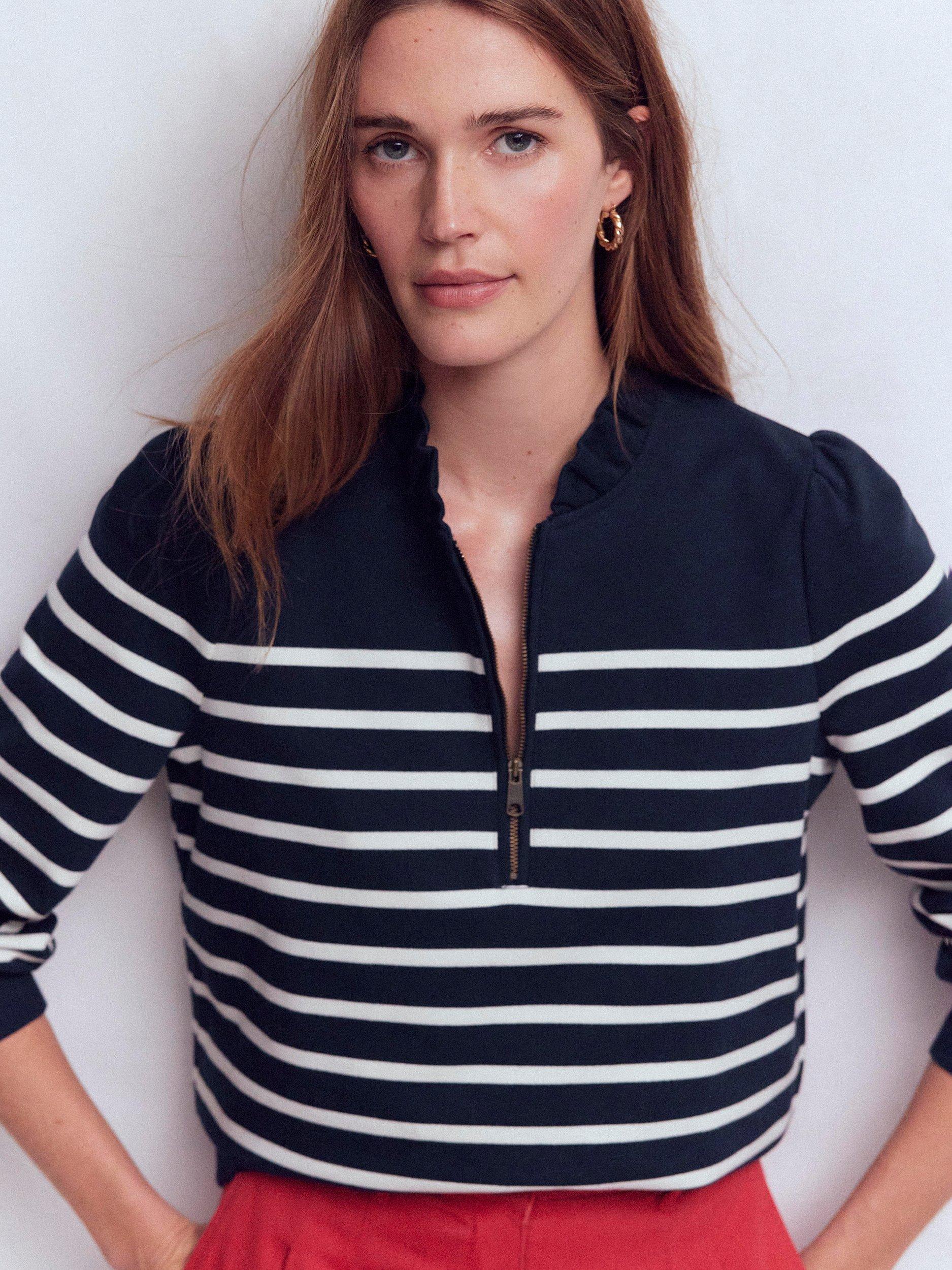Product image 4 of 5, which shows Boden Stripe Half-Zip Frill Sweatshirt, Navy/Ivory, XS