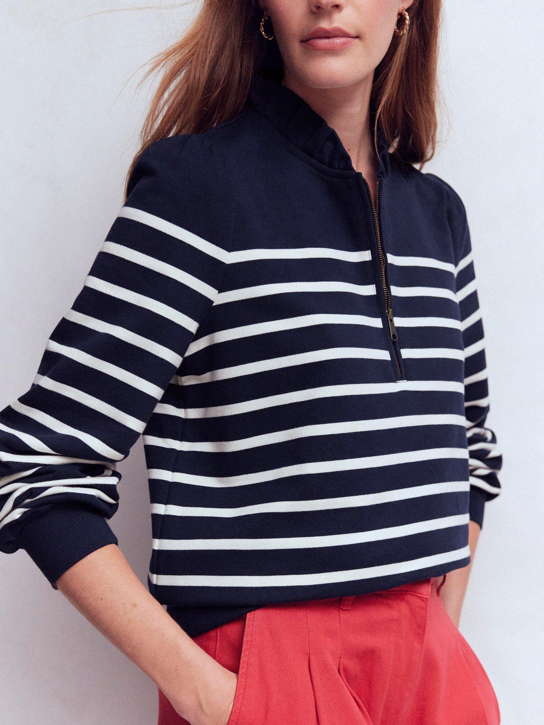 Product image 5 of 5, which shows Boden Stripe Half-Zip Frill Sweatshirt, Navy/Ivory, XS