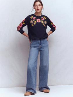 Boden Hannah Cotton Embroidered Sweatshirt, Navy/Multi, Navy/Multi