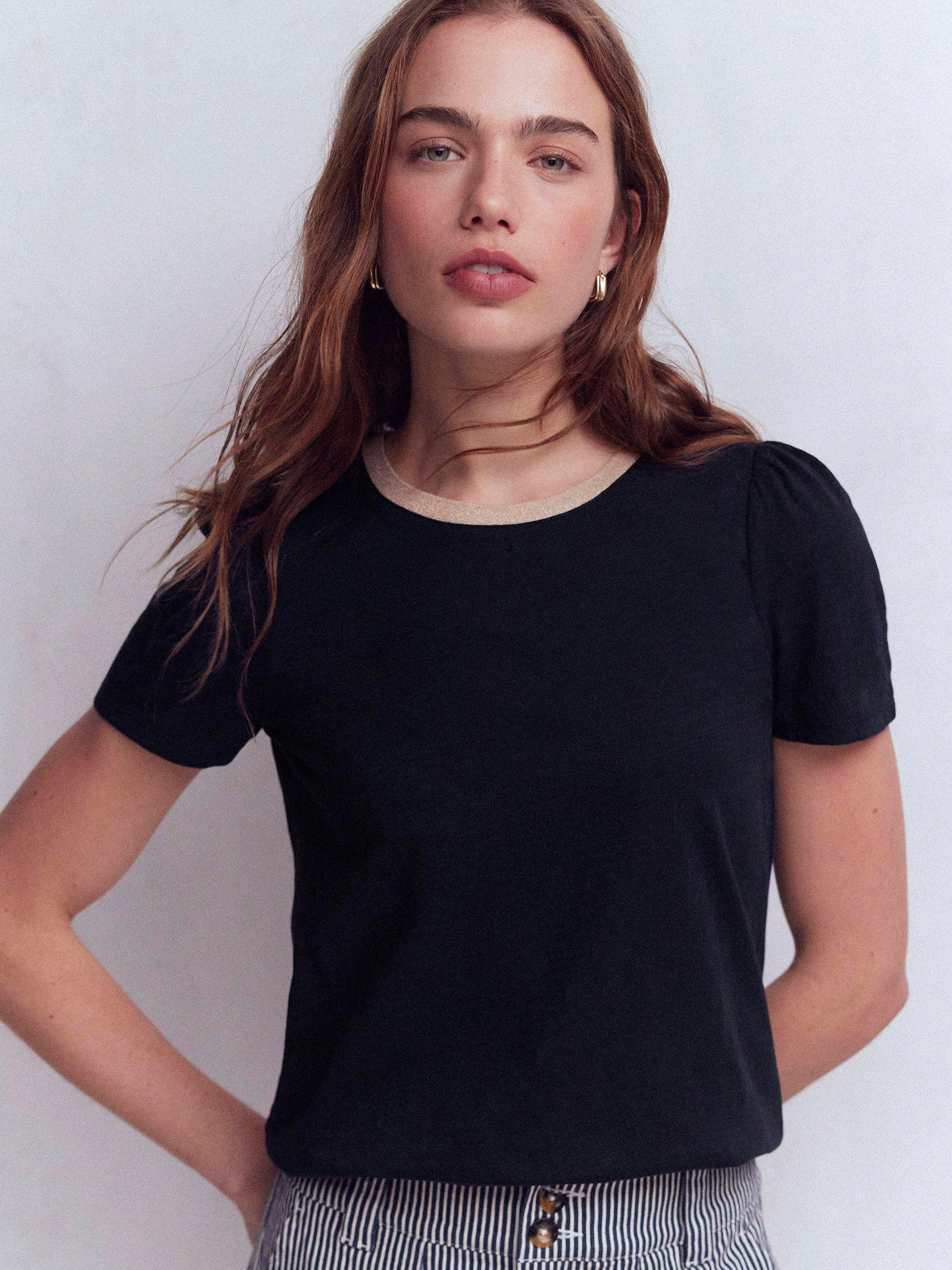 Product image 1 of 4, which shows Boden Metallic Trim Cotton T-Shirt, Navy, 8