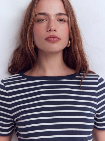 Boden Olivia Short Sleeve Cotton Breton Top, Navy/Ivory - view 2, Navy/Ivory