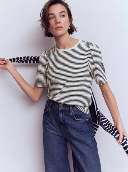 Boden Stripe Pleat Sleeve T-Shirt, Navy/Ivory, Navy/Ivory