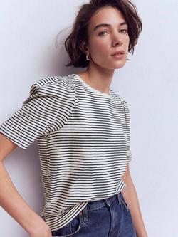 Boden Stripe Pleat Sleeve T-Shirt, Navy/Ivory - view 2, Navy/Ivory