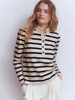 Boden Cotton Ruffle Collar Button Placket Stripe Top, Ivory/Navy