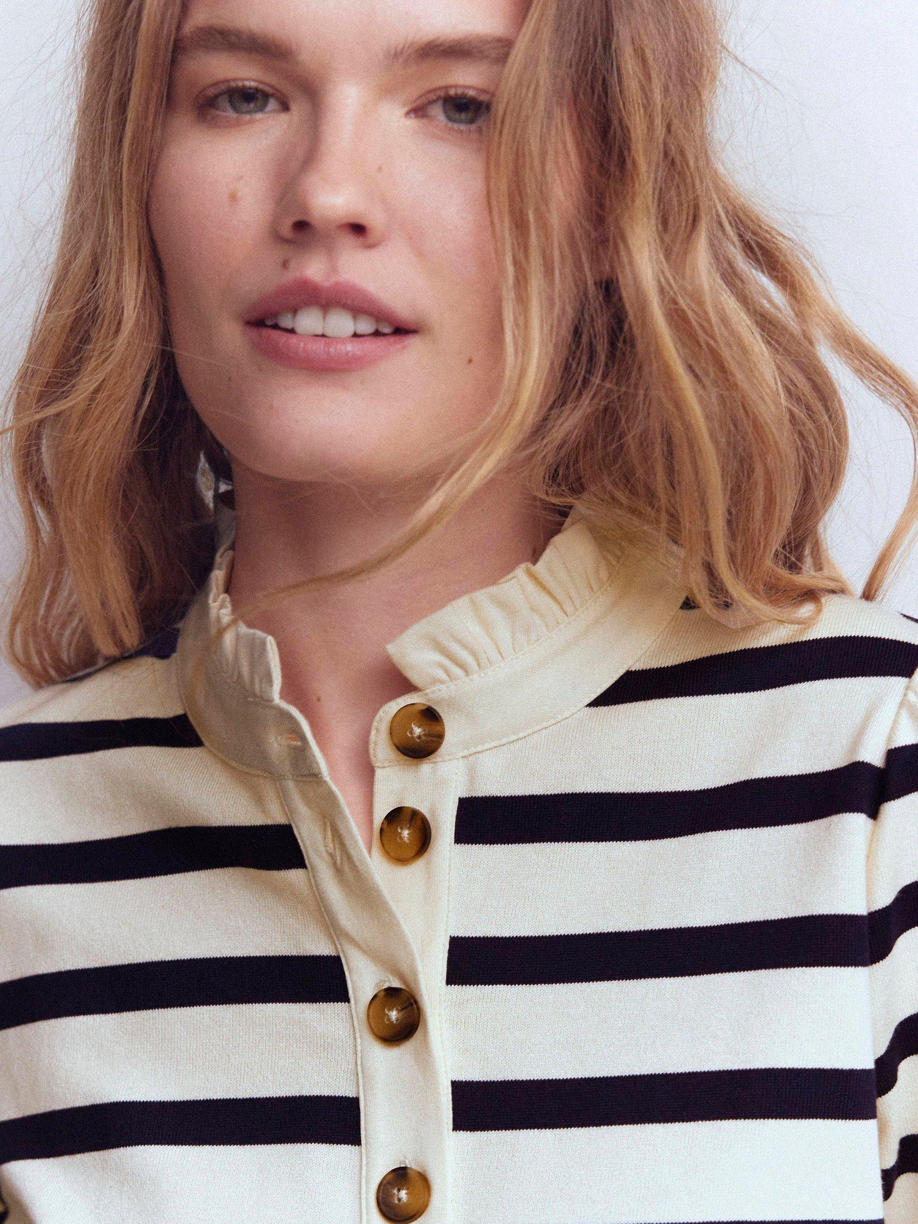Product image 2 of 6, which shows Boden Cotton Ruffle Collar Button Placket Stripe Top, Ivory/Navy, 8