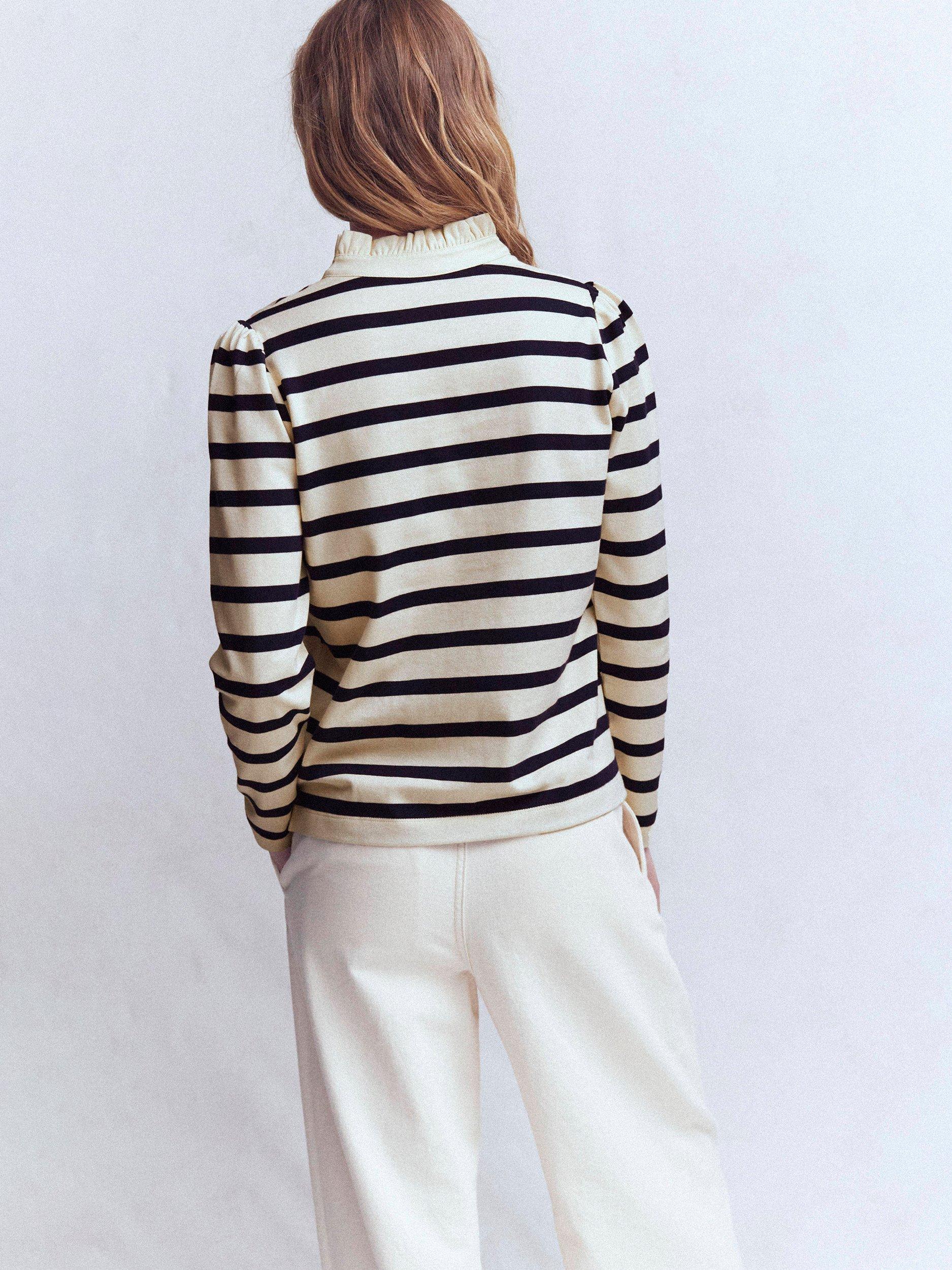 Product image 3 of 6, which shows Boden Cotton Ruffle Collar Button Placket Stripe Top, Ivory/Navy, 8