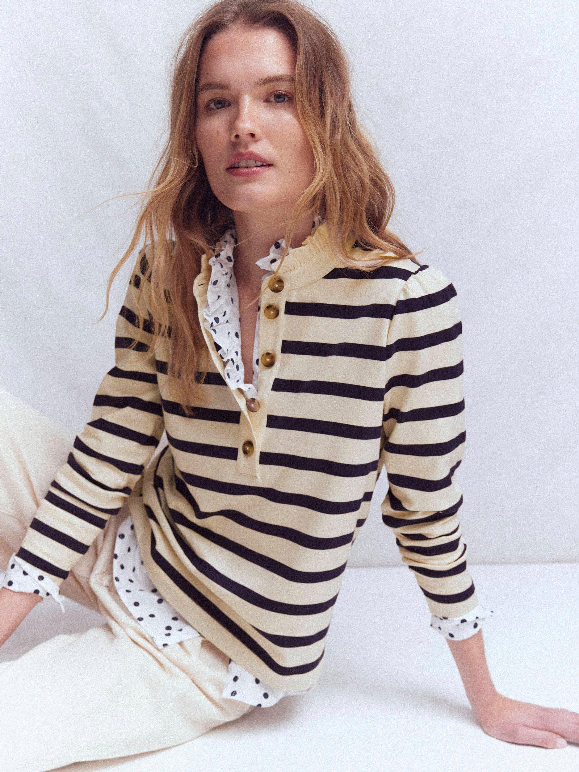 Product image 5 of 6, which shows Boden Cotton Ruffle Collar Button Placket Stripe Top, Ivory/Navy, 8