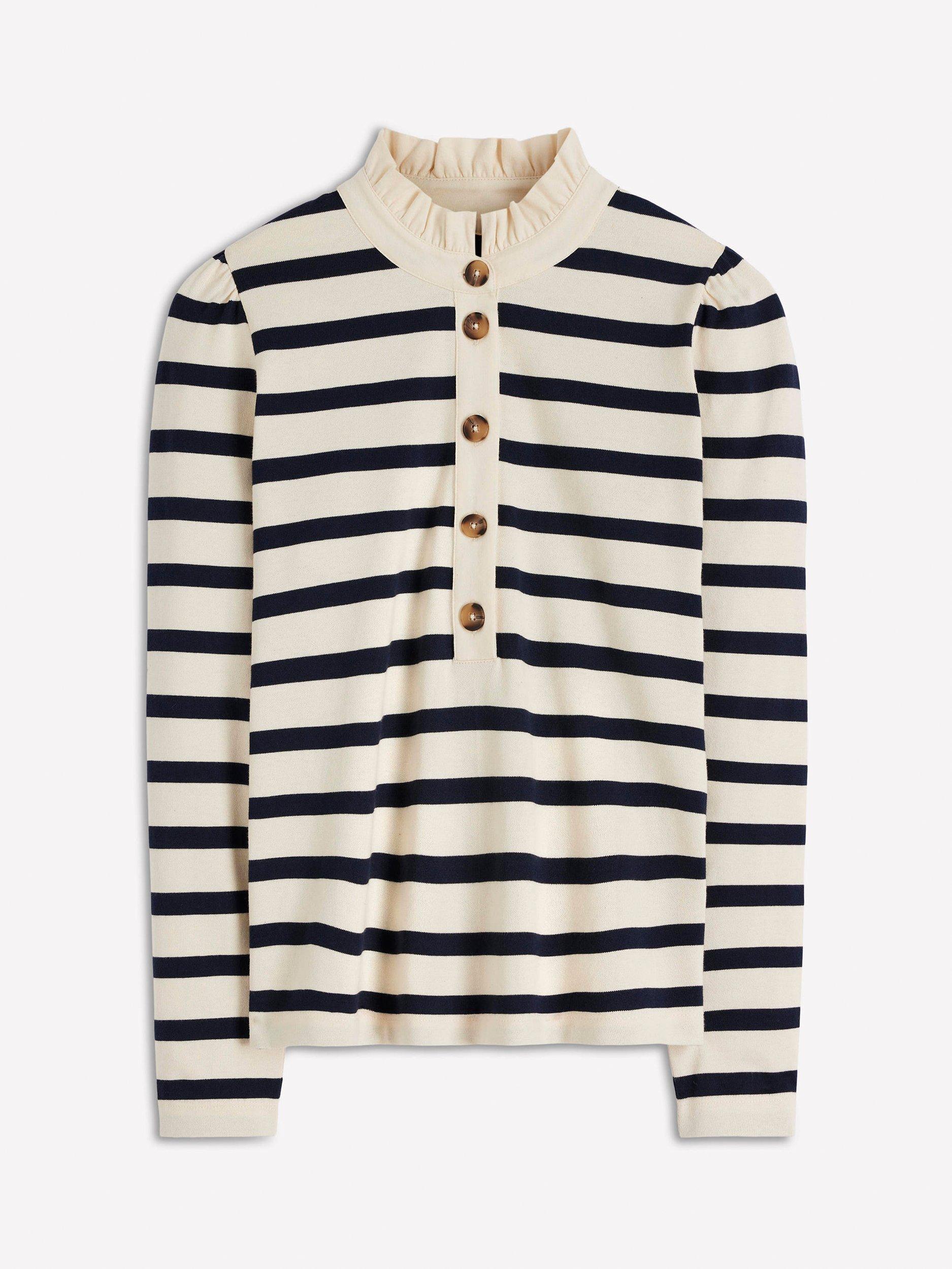 Product image 6 of 6, which shows Boden Cotton Ruffle Collar Button Placket Stripe Top, Ivory/Navy, 8