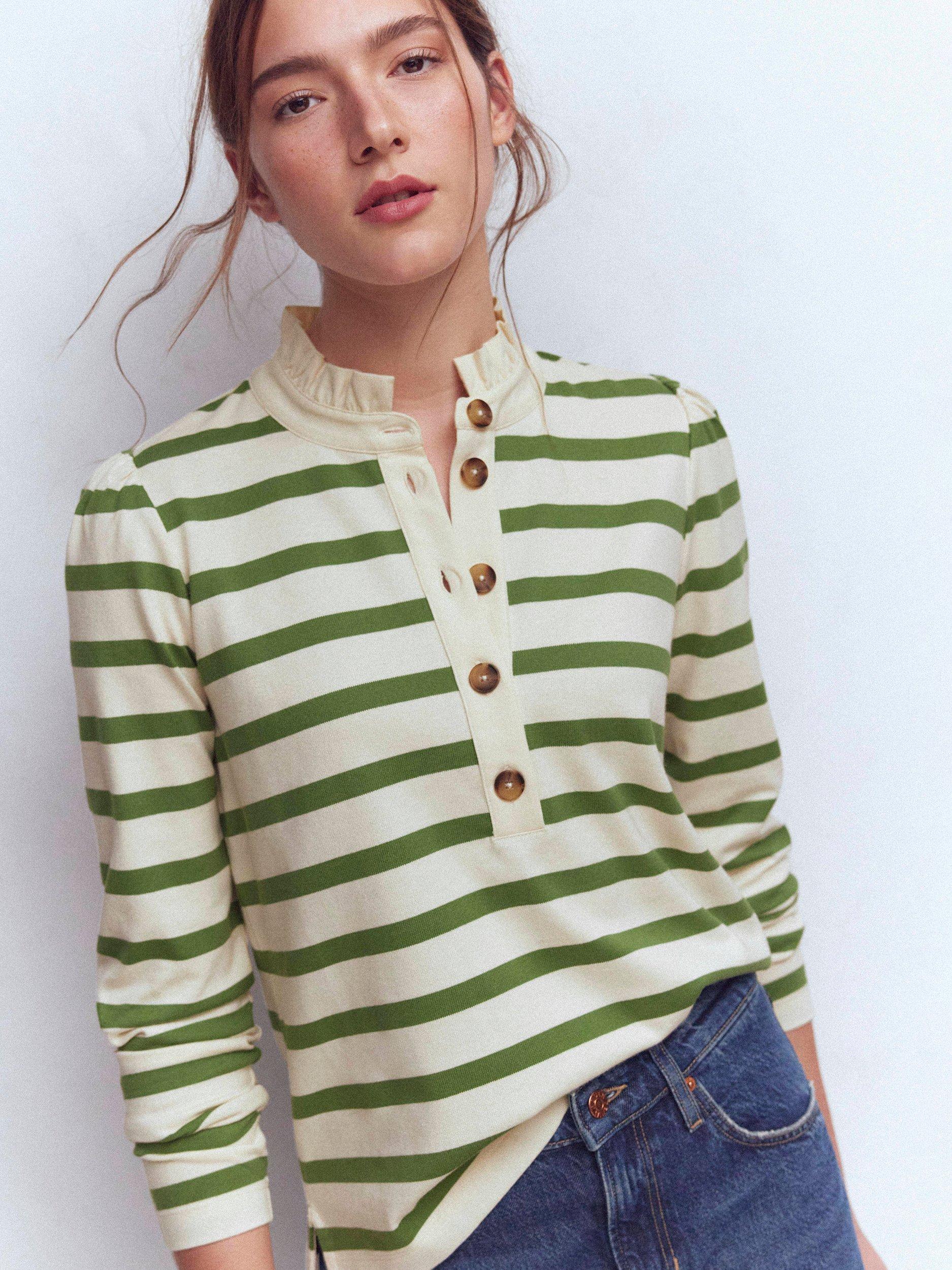 Product image 1 of 5, which shows Boden Cotton Ruffle Collar Button Placket Stripe Top, Ivory/Green, 8