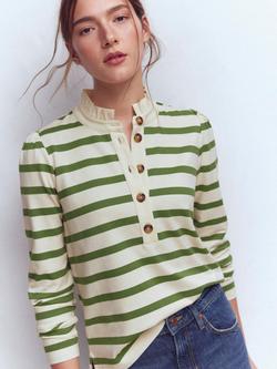 Boden Cotton Ruffle Collar Button Placket Stripe Top, Ivory/Green