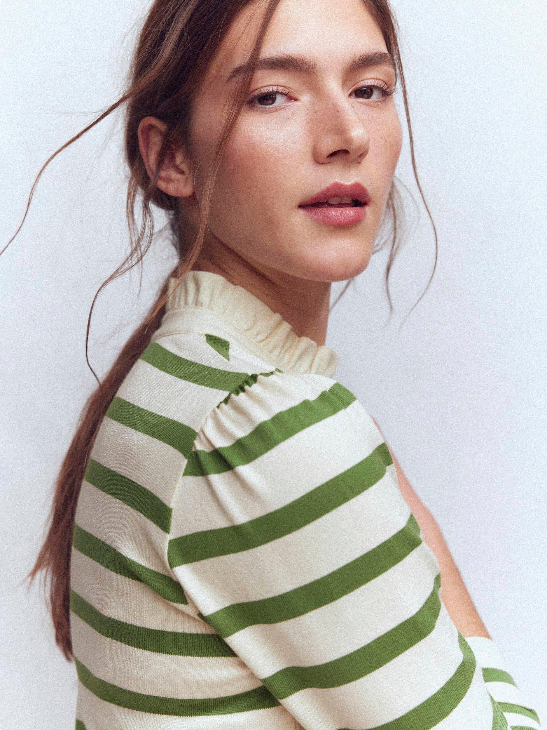 Product image 2 of 5, which shows Boden Cotton Ruffle Collar Button Placket Stripe Top, Ivory/Green, 8